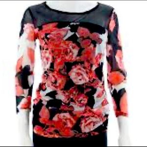 Inc International Concepts Size L Flower Print 3/4 Sleeve Blouse Top